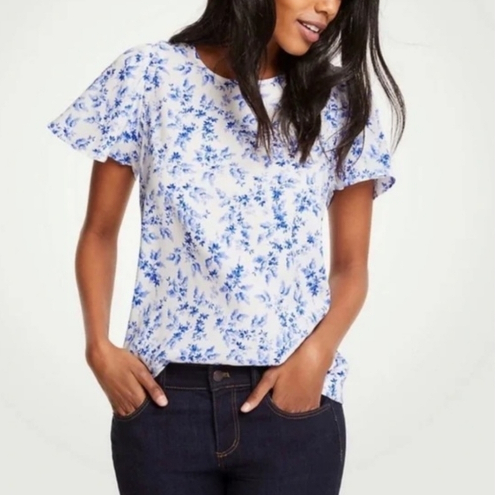 Ann Taylor White Blouse with Blue Floral Print